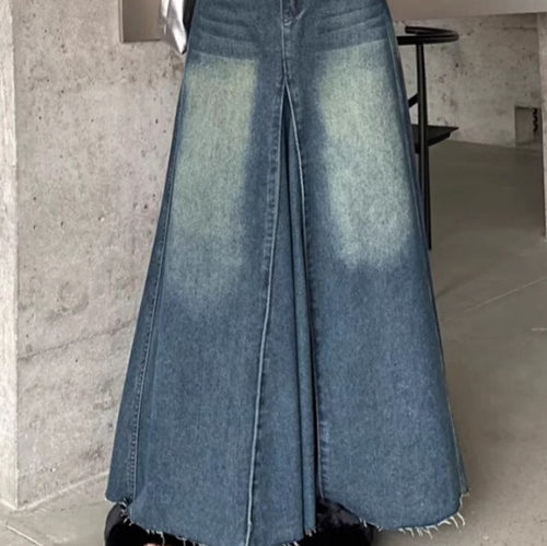 复古水洗牛仔半身裙女2024新款春季高腰显瘦A-字大裙摆拼接长裙子