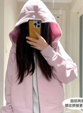 秋季短款scuba外套女式小个子上衣正肩连帽早秋粉色拉链开衫卫衣