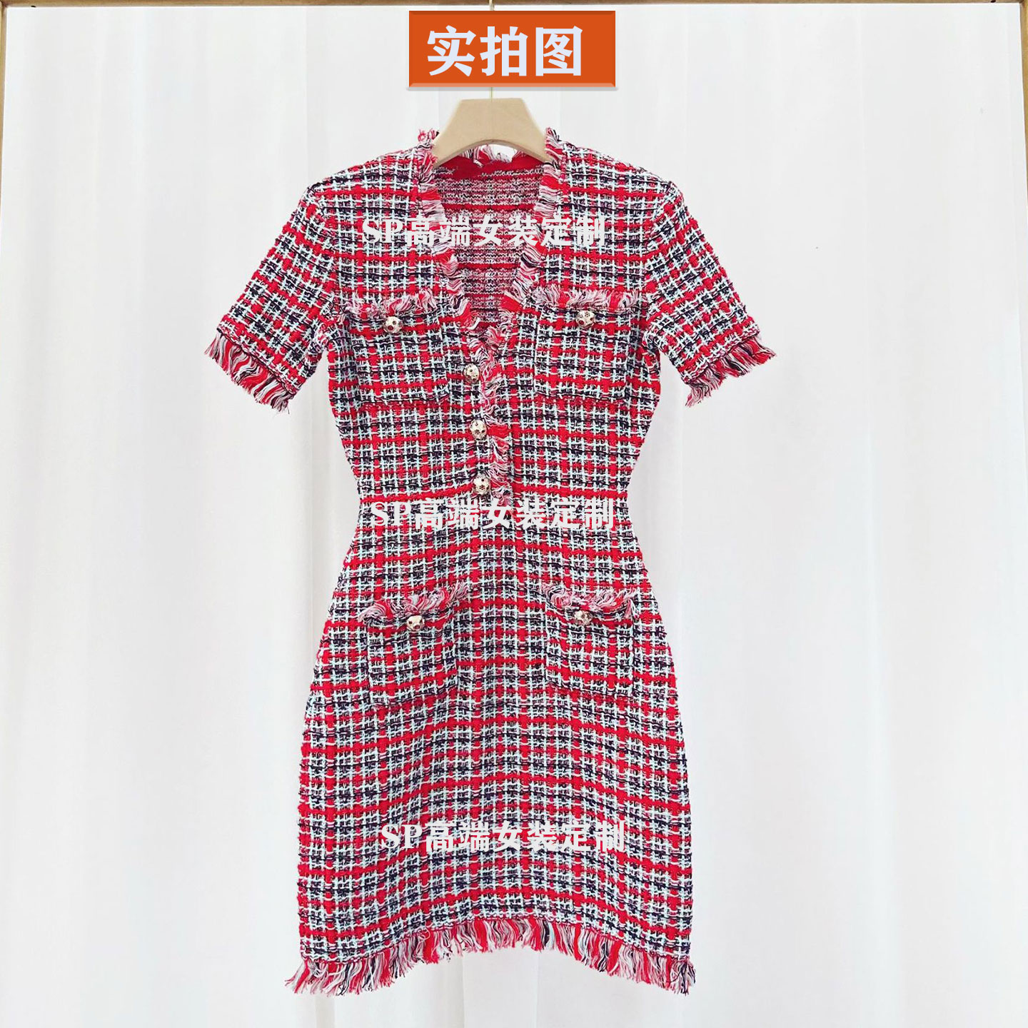 SP格纹连衣裙毛呢短袖显瘦红色