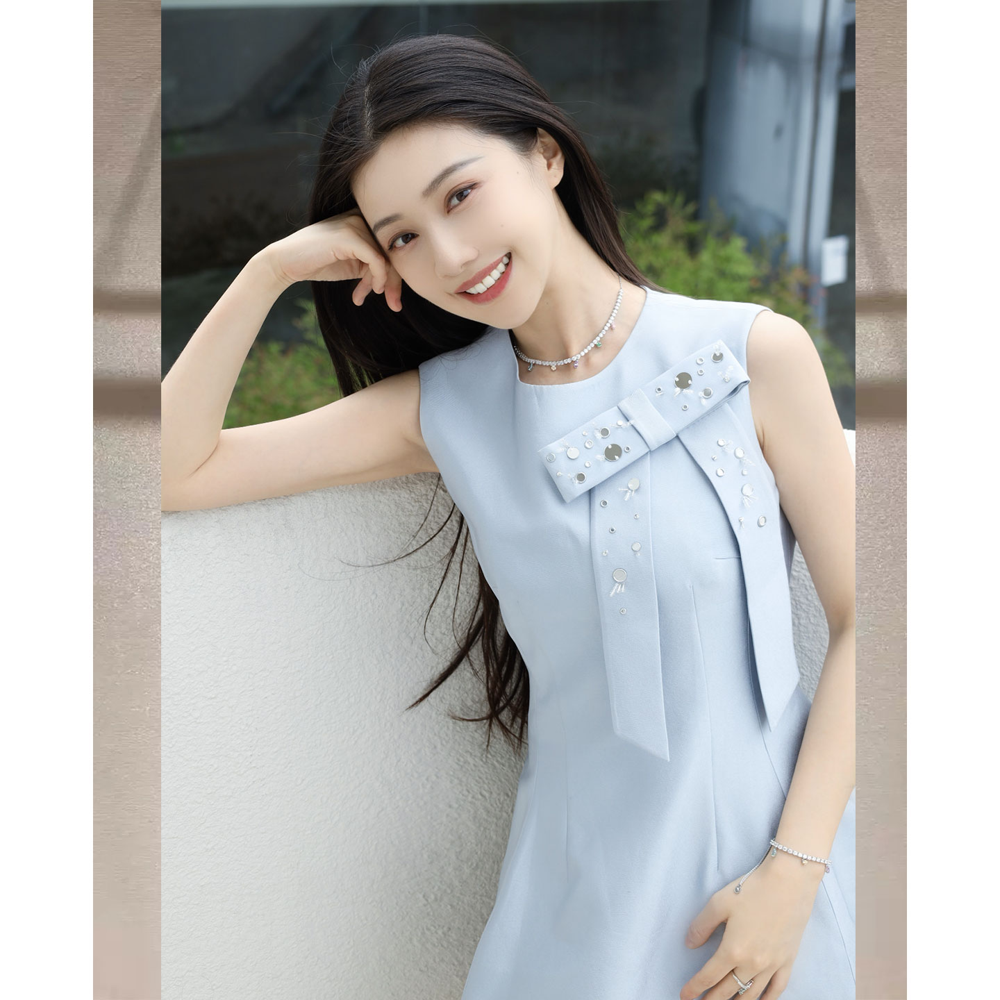 徐如蓝同款蓝色蝴蝶结连衣裙无袖