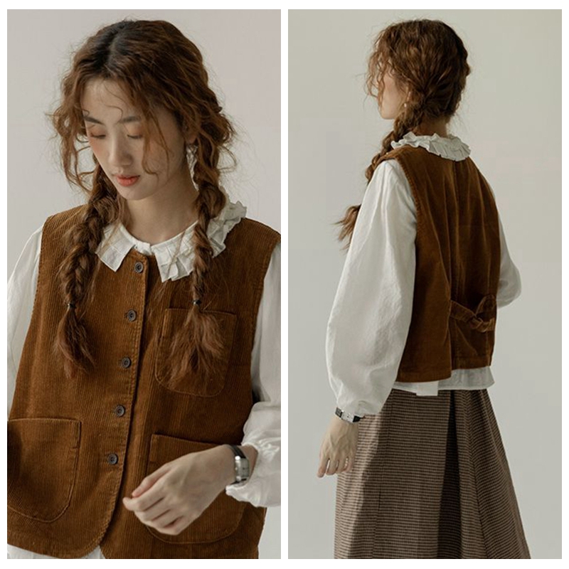 早春衬衣叠穿咖色马甲背心女洋气