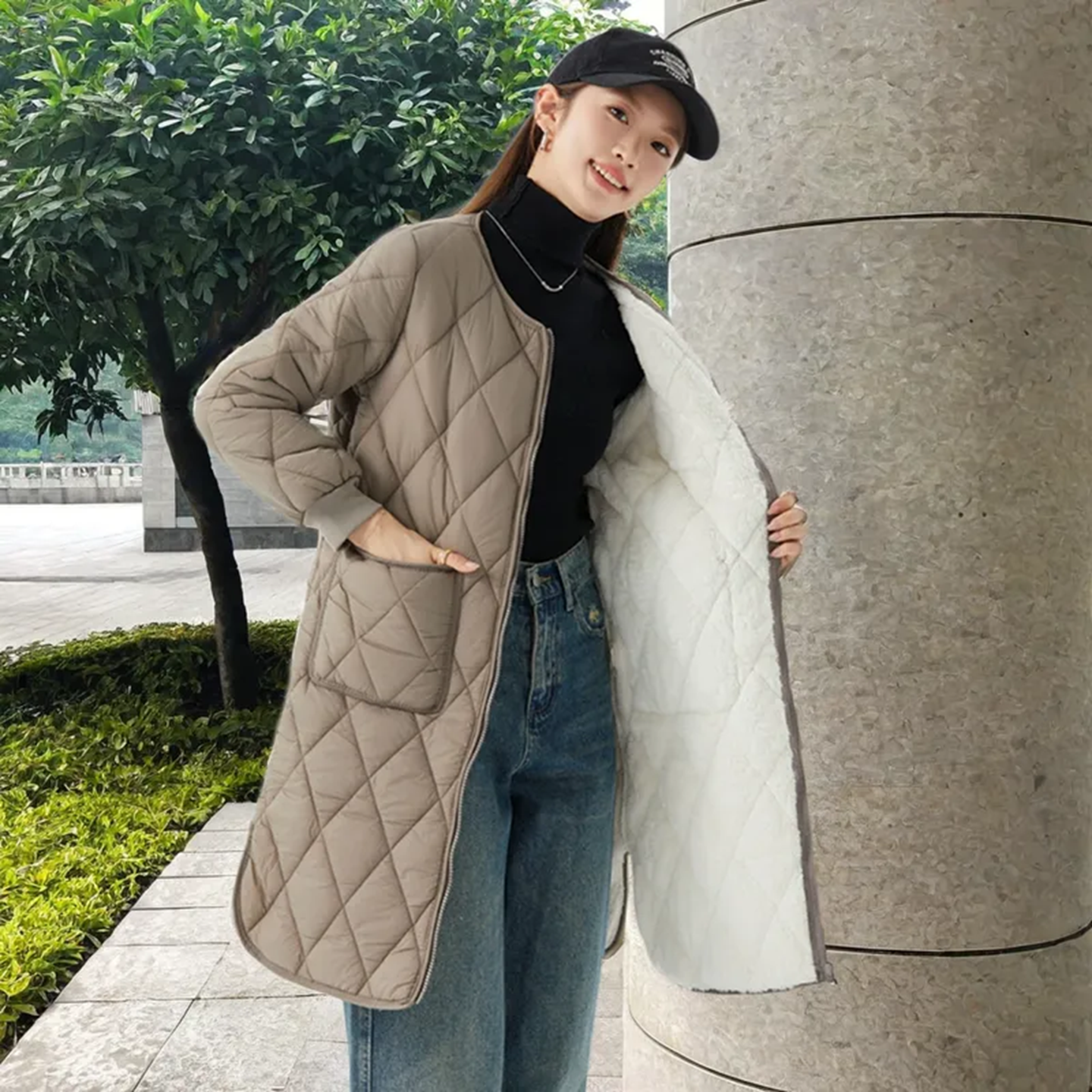 无领女士妈妈装中长款气质宽松棉衣外套秋冬保暖羽绒棉轻薄款大衣