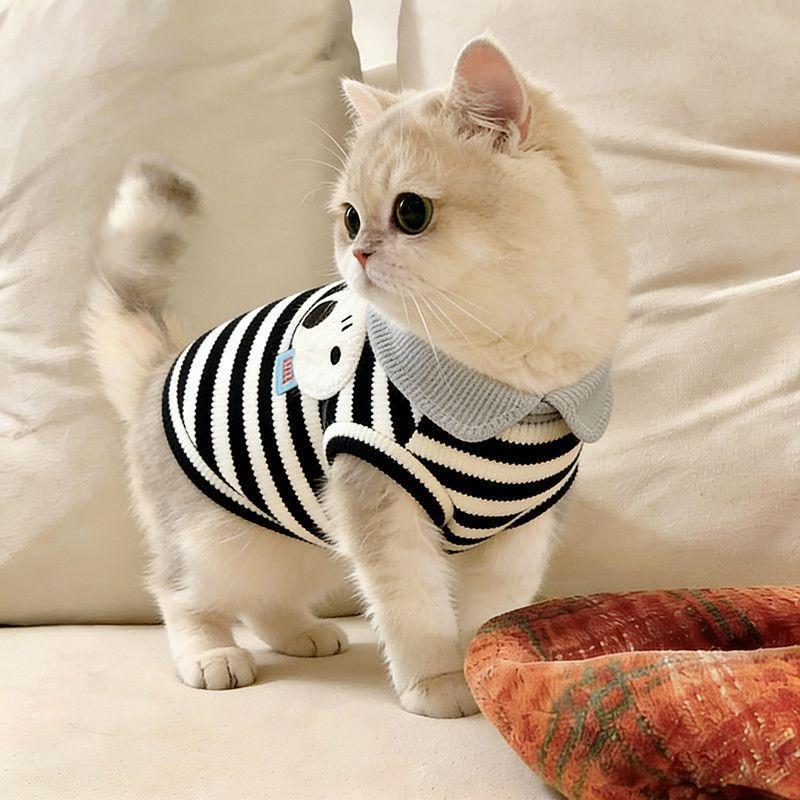 猫咪衣服春夏季弹力条纹无袖背心防掉毛布偶猫金渐层小猫翻领T恤