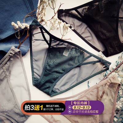 4Pack Women's Sexy Underwear -Lace Band Cotton Thong Panties