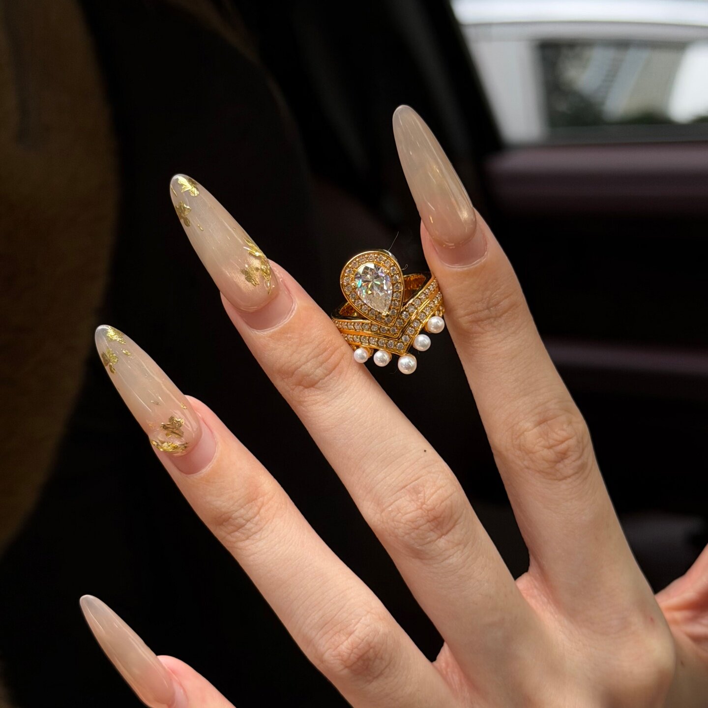 黄金水滴皇冠珍珠戒指 足金999莫桑钻对戒结婚订婚送女友生日礼物