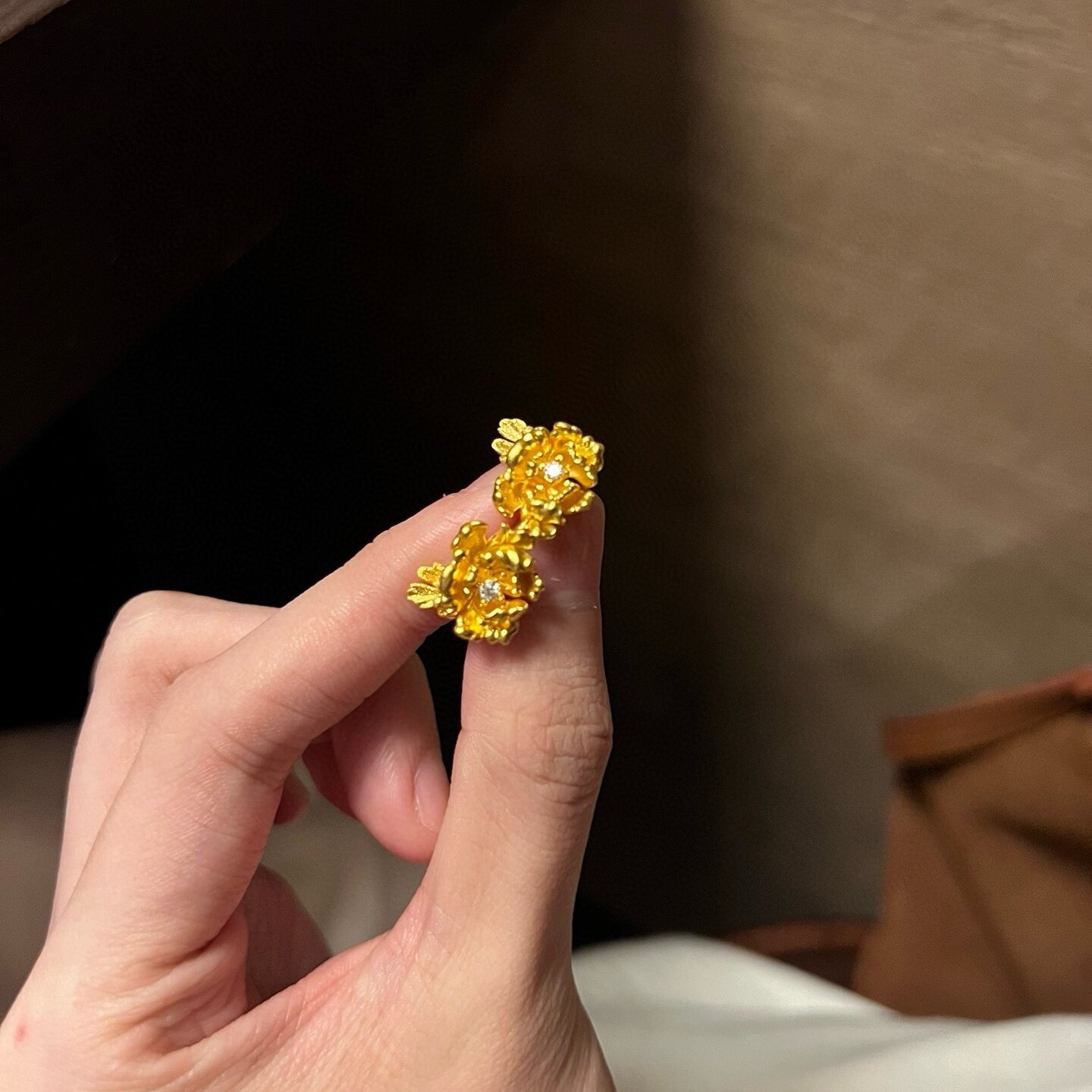 黄金牡丹花耳钉 999足金花开富贵镶莫桑钻耳环送女朋友生日礼物男