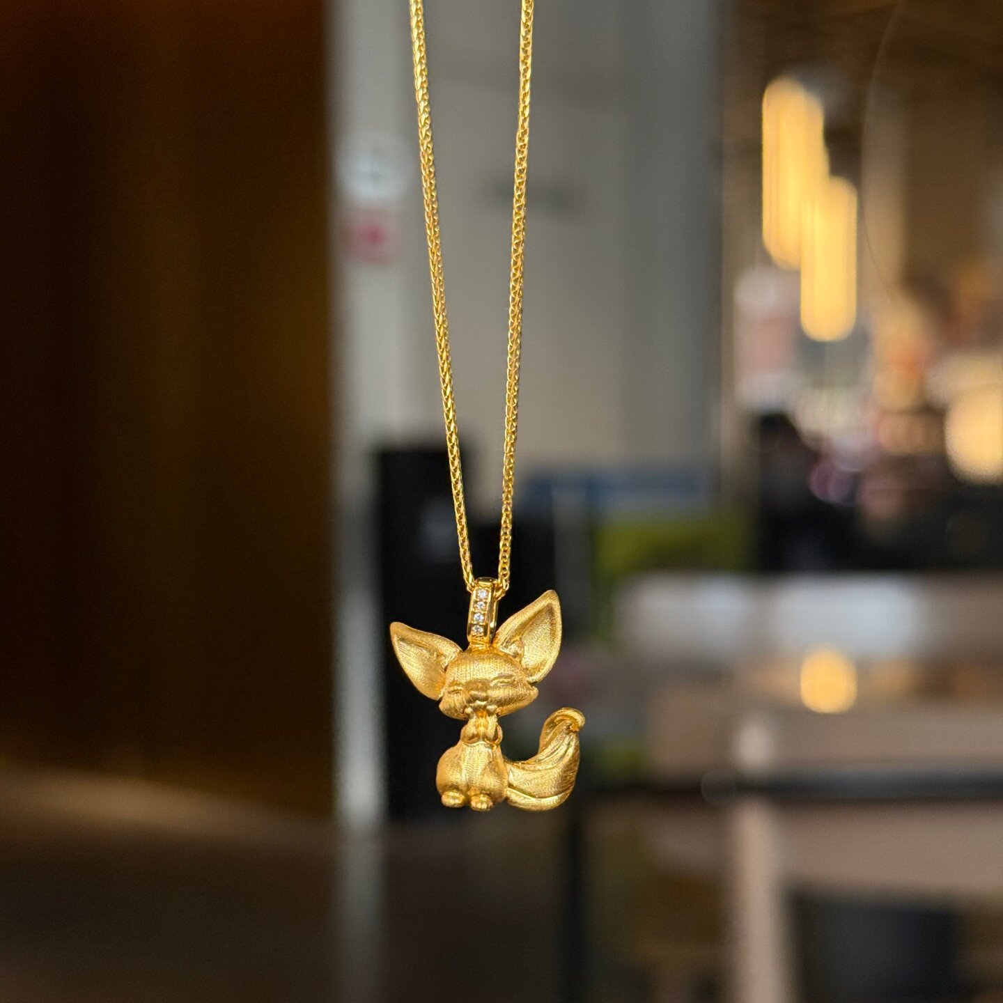 黄金拉丝狐狸项链 999足金吊坠情人节送女友生日礼物锁骨链结婚男