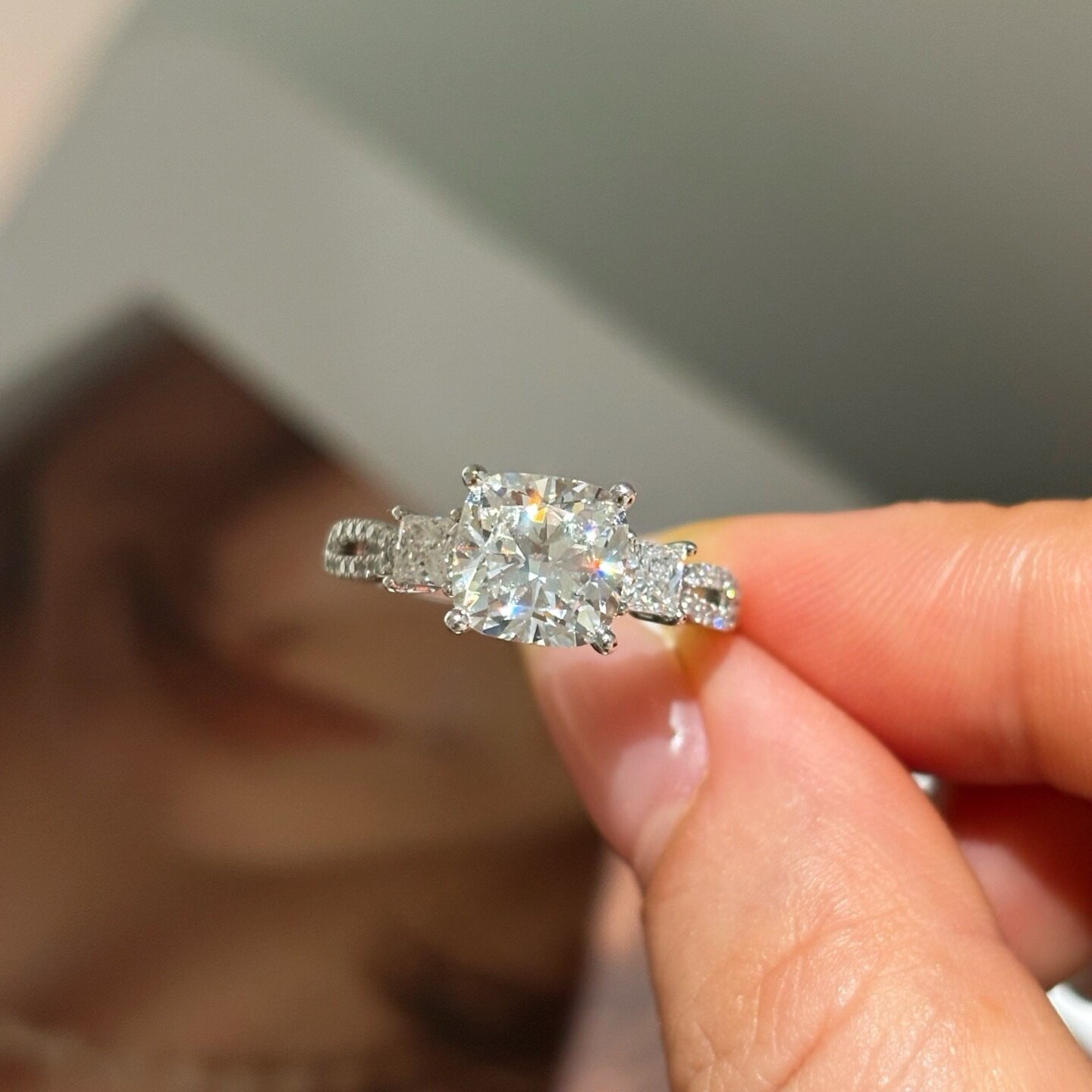 18K白金方形培育钻石三生石戒指人工人造合成钻石结婚戒指pt950女