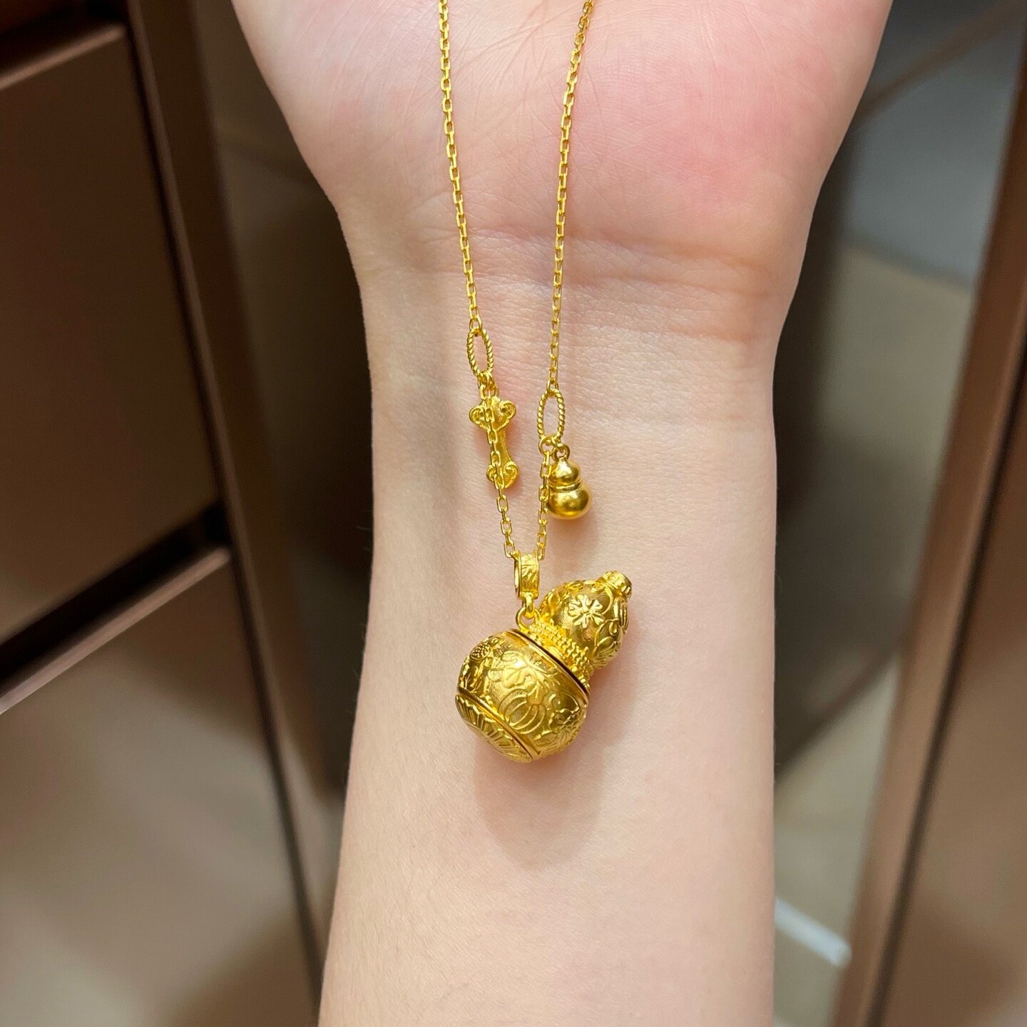 黄金古法葫芦如意葫芦项链 999足金套链情人节送女朋友礼物锁骨链