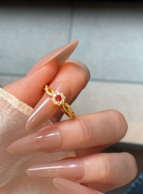 黄金雪花红宝石戒指 足金999莫桑钻对戒结婚订婚送女朋友生日礼物