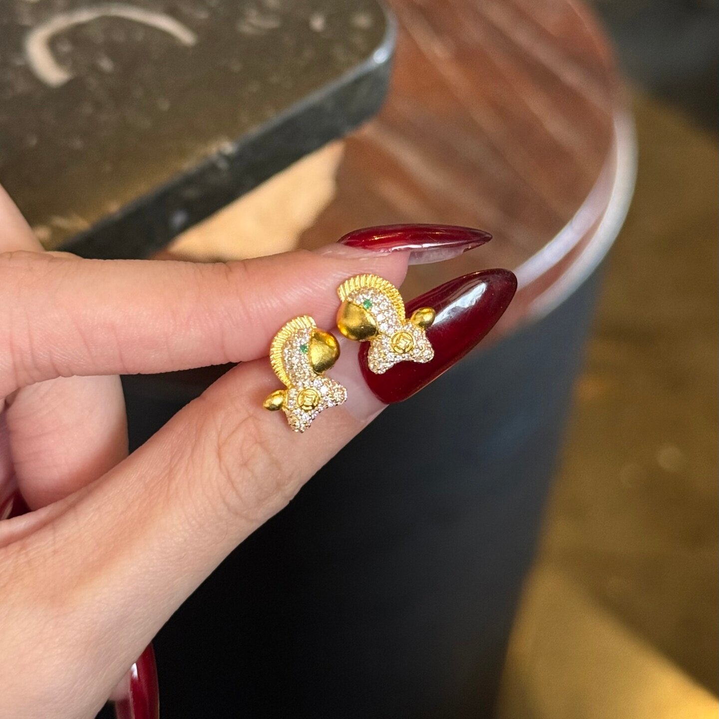 黄金小财马钱币耳钉 999足金镶莫桑钻耳环送女朋友妈妈生日礼物男