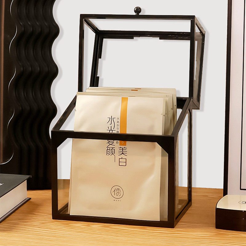 面膜收纳盒防尘化妆品桌面护肤置物架宿舍玻璃杂物储物小盒子透明