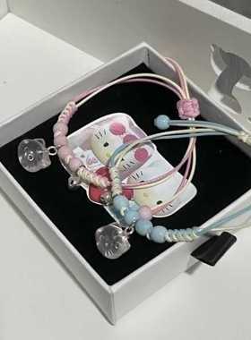 HelloKitty手工编织粉手绳手链小众可爱学生闺蜜礼物凯蒂猫可调节