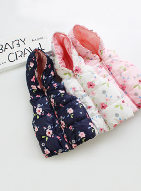 女宝宝女童1-6岁加绒加厚羽绒棉碎花马甲带帽拉链韩版棉外套