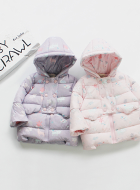 冬季新款女宝宝女童棉服印花加厚中长款可爱1-6岁冬外套