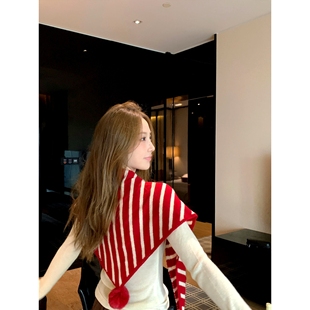 红色三角巾围巾女生冬新年披肩韩系氛围感加厚慵懒风针织条纹围脖