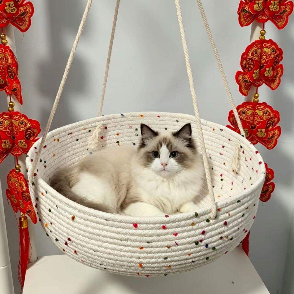 ins纯手工猫咪阳台吊床窝挂式秋千编织猫窝吊篮壁挂吊兰悬挂窝窝