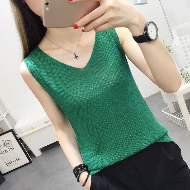 新款冰丝吊带背心女夏季韩版外穿打底针织衫宽松无袖短款上衣V领