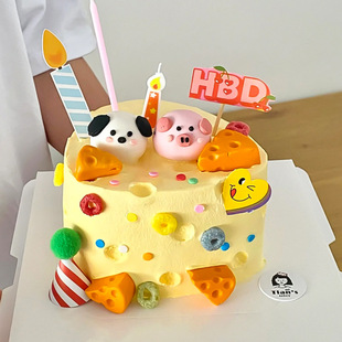 飾擺件HBD插件SWEET冰激凌蠟燭插牌 可愛狗狗小豬奶酪熊貓蛋糕裝