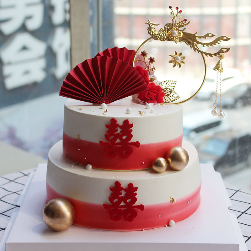 中国风订婚蛋糕装饰凤凰于飞插件折扇结婚甜品台中式婚礼装扮摆件
