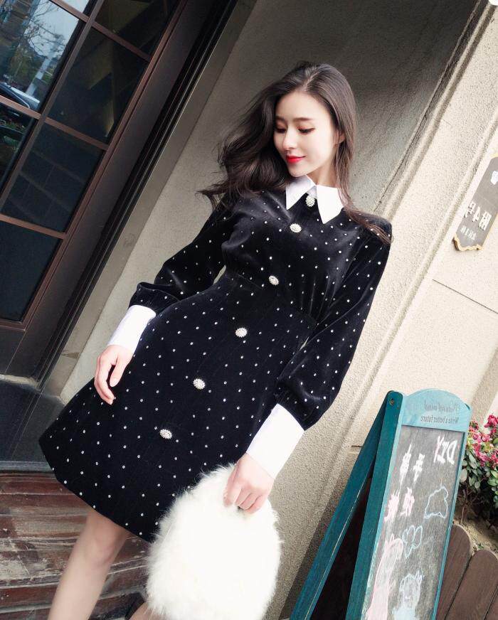 Designers Women 2020 Autumn and winter new pattern black velvet Hot stamping decorate Dress temperament gracein the Women's clothing/Boutique , Dress  category - from Buy2taobao.com to provide professional Taobao agent buy service
