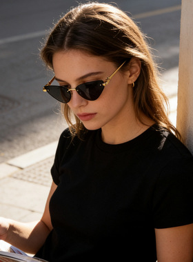 老钱风黑色猫眼墨镜复古三角无框太阳镜镜2026新款街拍男女潮镜架