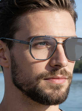 男式变色墨镜2026新款欧美方框太阳镜个性弹簧腿复古双梁镜框男款