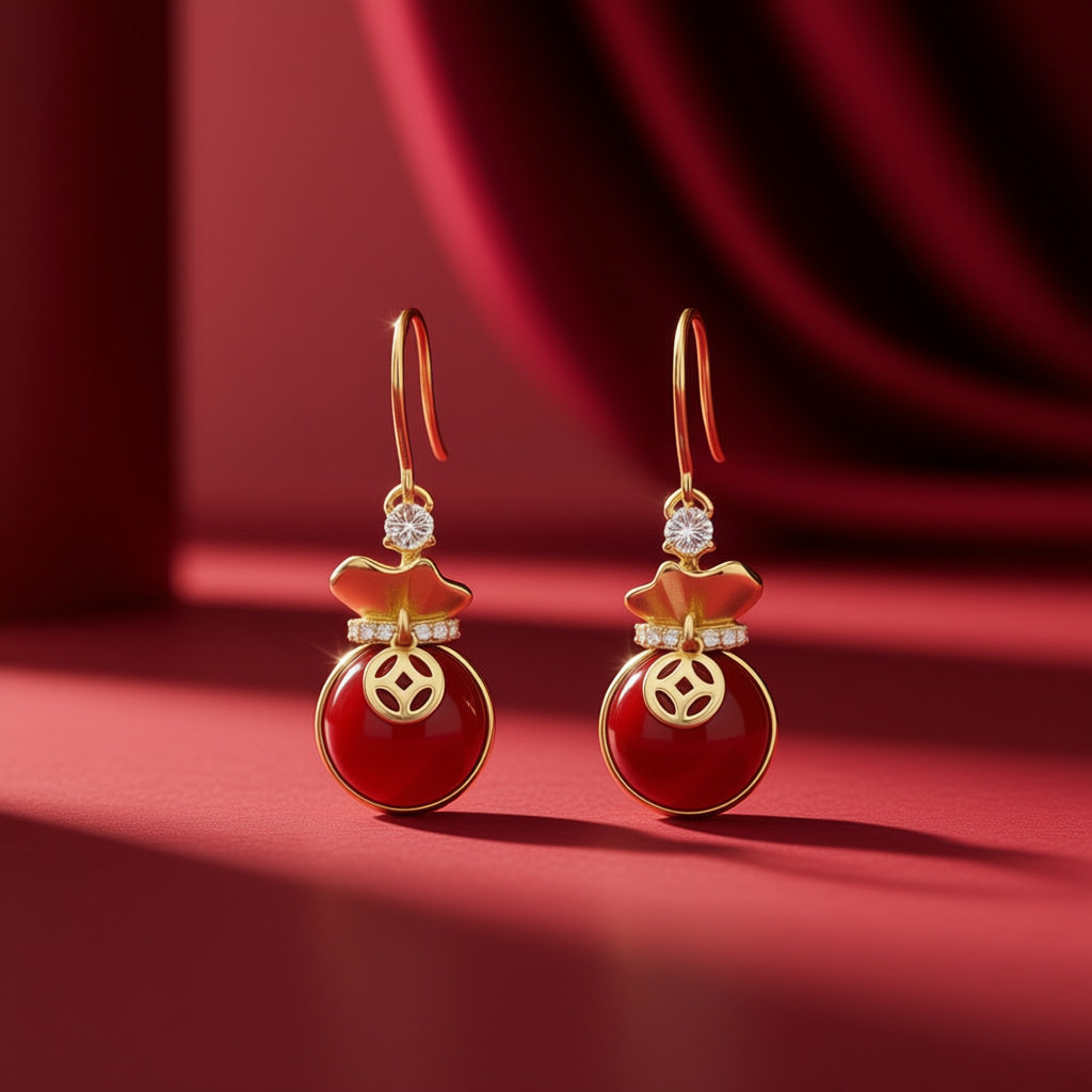 新年氛围感耳饰过年红色元素钱币福袋耳环女新中式复古冬喜庆拜年