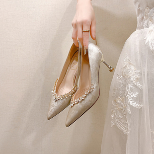 法式高跟鞋气质配裙子新娘鞋单鞋女水钻礼服香槟色绝美宴会伴娘鞋