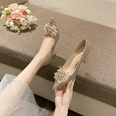 香槟色水钻蝴蝶结高跟鞋