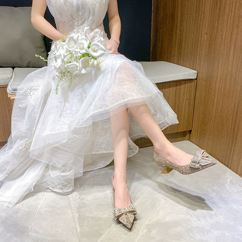 Свадебные туфли, золотая обувь для невесты на высоком каблуке, французский стиль, изысканный стиль