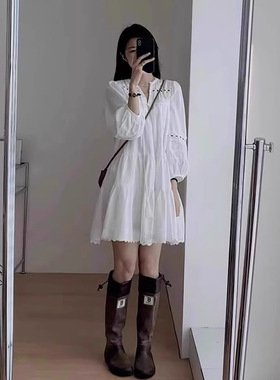 v领泡泡袖连衣裙女夏季初春设计感小众新中式a字短裙裙子