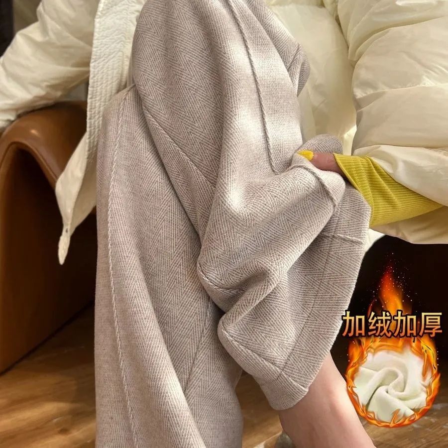 人字纹阔腿裤女新款秋冬季加绒厚毛呢窄版直筒香蕉裤运动休闲卫裤