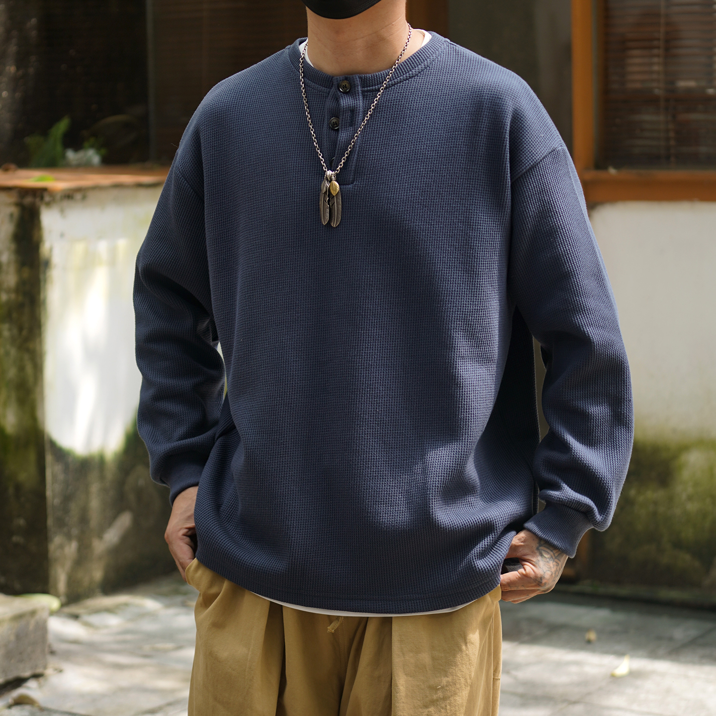 美式复古亨利领长袖T恤