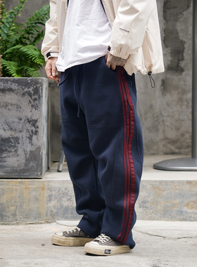 Propcell冬季重磅抓绒复古运动风条纹拼接卫裤男宽松休闲阔型长裤