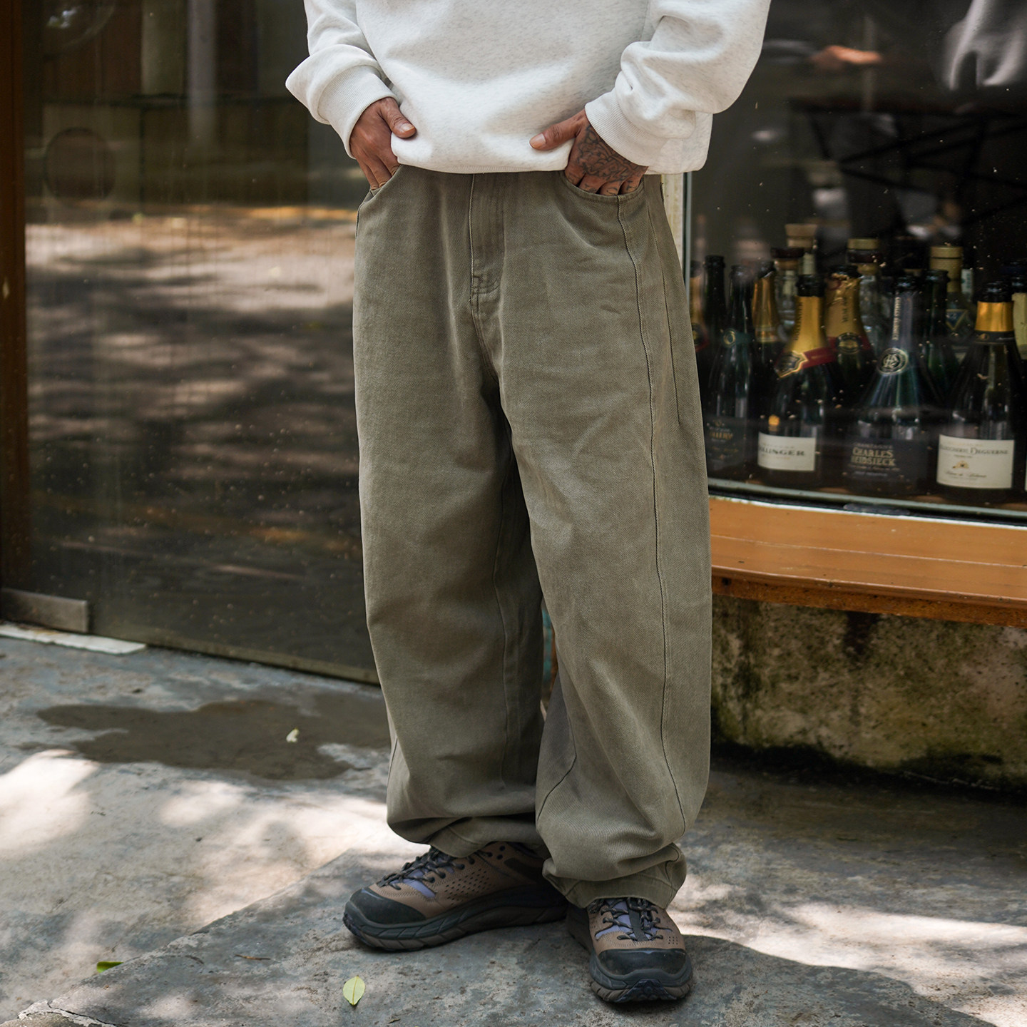 日系复古拼接水洗弯刀休闲长裤