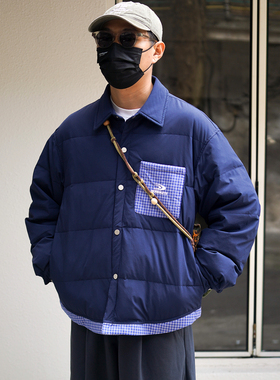 日系复古休闲风拼接格子衬衫型羽绒服男翻领夹克加厚冬季保暖外套