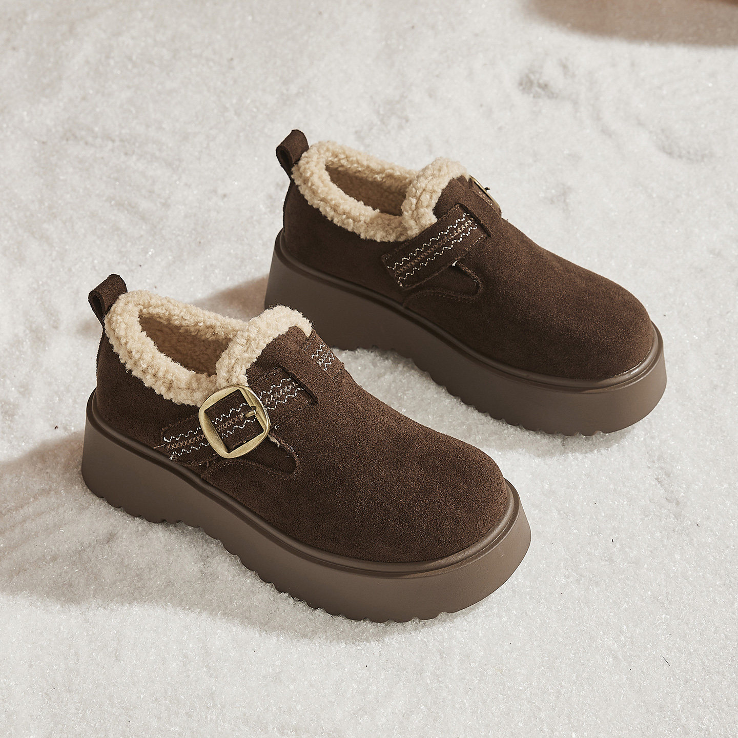 厚底增高勃肯鞋女2025新款秋冬真皮加绒面包鞋子保暖东北大棉鞋