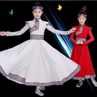新品蒙古舞蹈演出装女儿童民族风表演服饰长款鄂伦春族舞台男学生