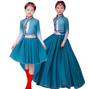 新品内蒙古儿童演出服女袍裙少数民族鄂伦春族顶碗筷子舞表演服饰