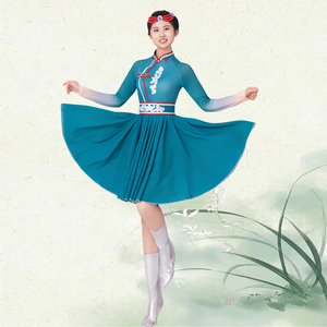 蒙古族蓝色舞蹈大摆表演服包邮