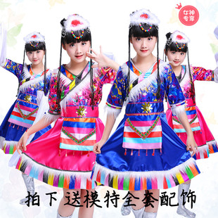 可拆水袖 少数民族舞台演出服装 儿童女束腰 藏族表演服饰短袖 新品
