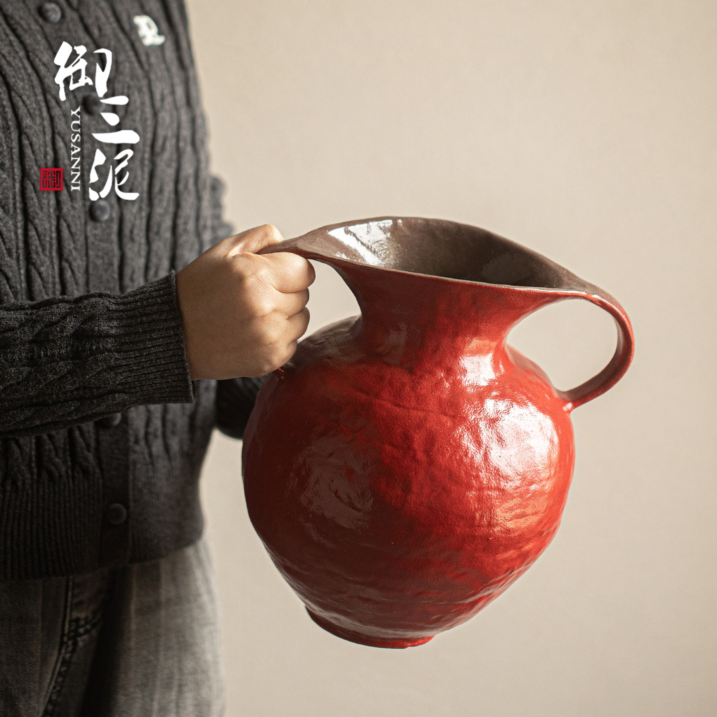 复古纯手工双耳陶瓷花瓶古典中国红喜庆乔迁家居客厅插花装饰摆件,家居饰品,花瓶,淘宝优惠券,粉丝福利购,淘宝优惠卷