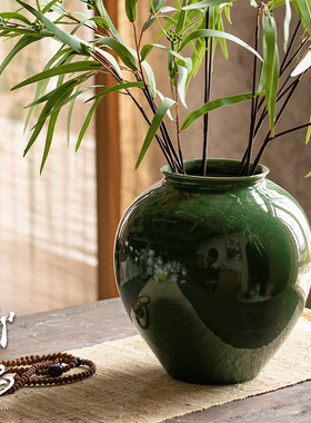景德镇现代简约陶瓷花瓶客厅插花可水培绿色月亮罐装饰高级感摆件