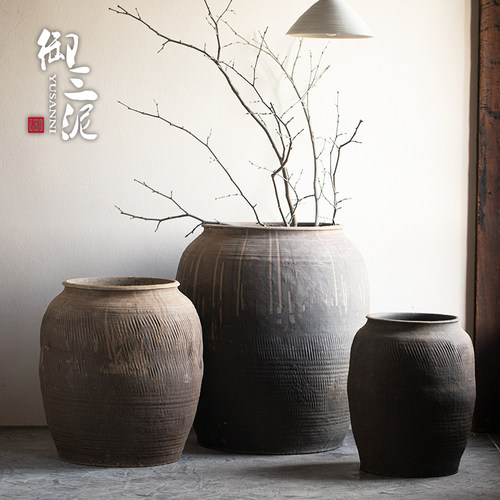 大圆肚陶瓷落地特大花瓶民宿侘寂风格客厅造景覆古装饰摆饰粗陶罐