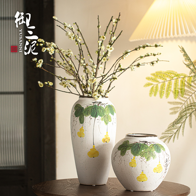 景德镇新中式复古风陶瓷花瓶客厅插花玄关装饰五福临门花器摆件品