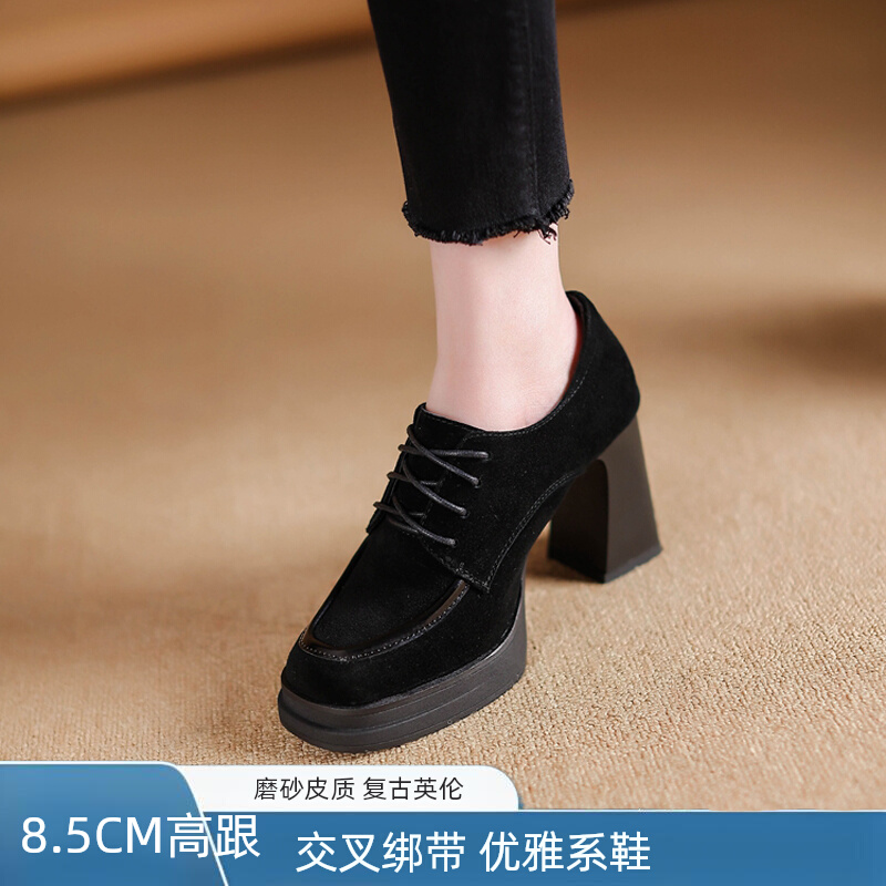 单鞋英伦风系带里外全皮粗跟高跟