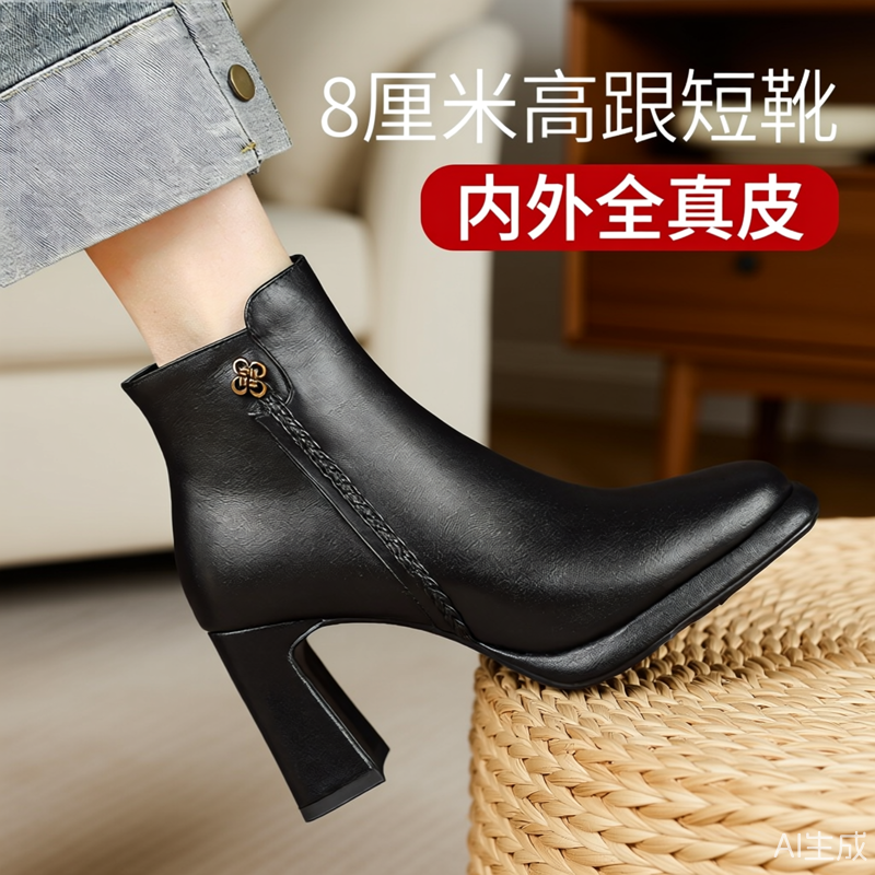 内外全皮高跟短靴女春秋单靴优雅方头真皮防水台粗跟矮靴冬季加绒