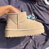 防水沙色低筒雪地靴厚底女2025年新款 牛皮短靴加绒靴子防滑雪地棉