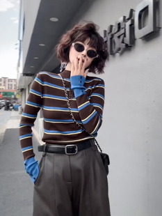 咖色条纹半高领长袖t恤打底衫女秋冬软糯毛衣高级感内搭气质上衣